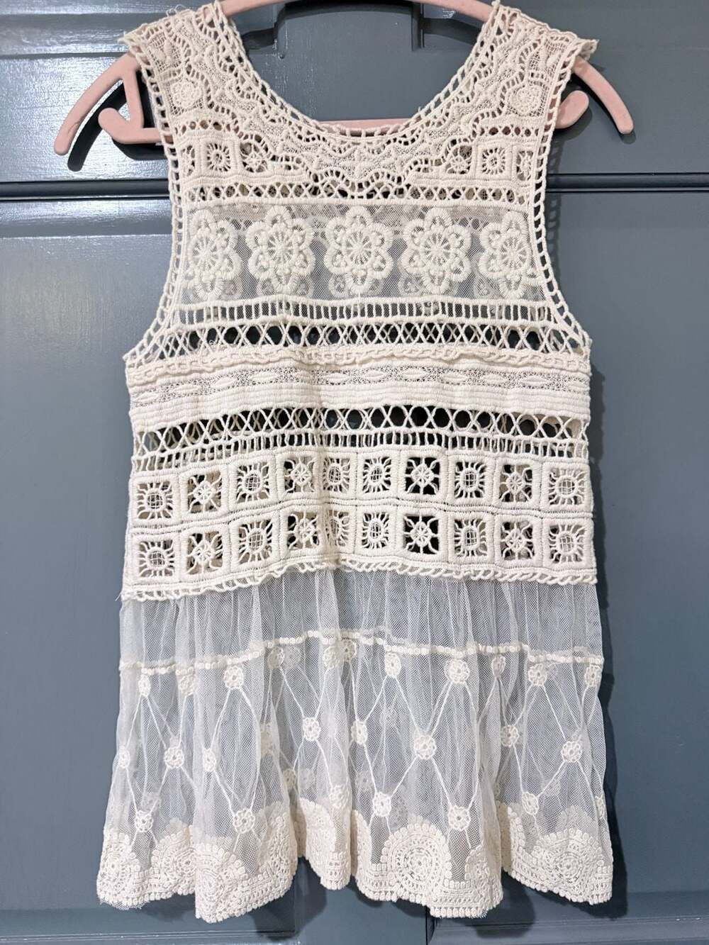 Lovely Off-White Crochet and Lace Floral Dress Coverup, Size M